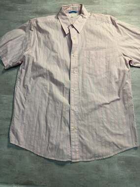 American Eagle Men's Pink Striped Short Sleeve Button Down Oxford Shirt Size L